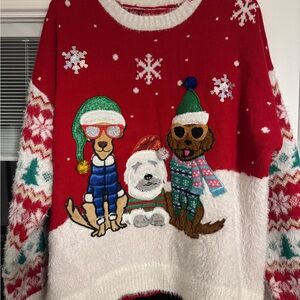 Festive Red Holiday Sweater with Dog Design